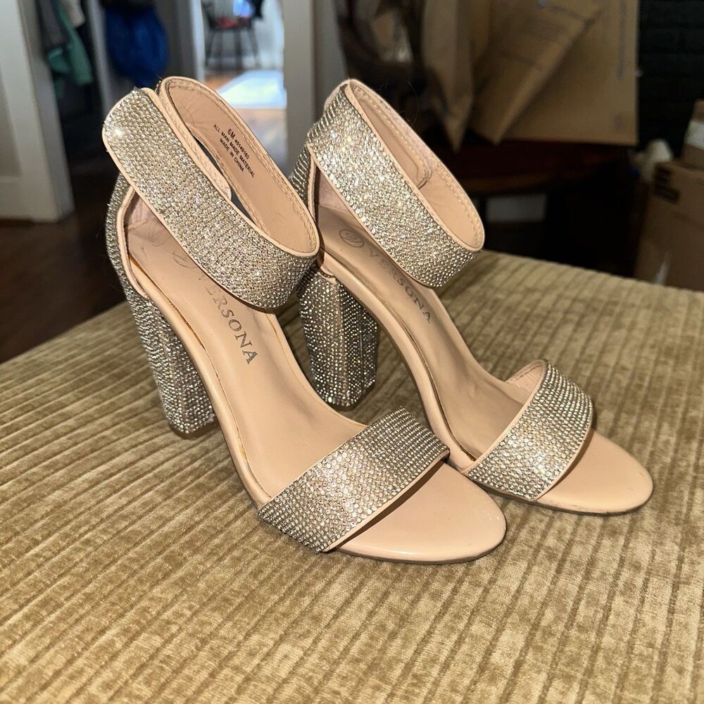 Versona Women’s Nude & Rhinestone Ankle Strap Block Heel Size 6